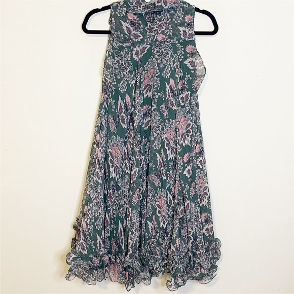Anthropologie Let Me Be Green Pink Floral V Neck Ruffle Hem Swing Mini Dress S - Picture 9 of 12